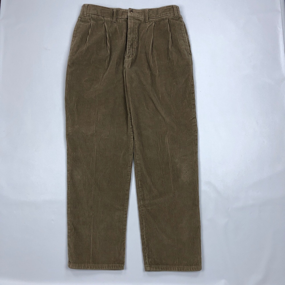 Vtg LL Bean Mens Brown Corduroy Pleated Pants 36x32 Straight Leg Cotton Blend